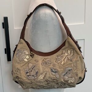 DONALD J PLINER COUTURE HANDBAG with Canvas body and Python leather flowers.